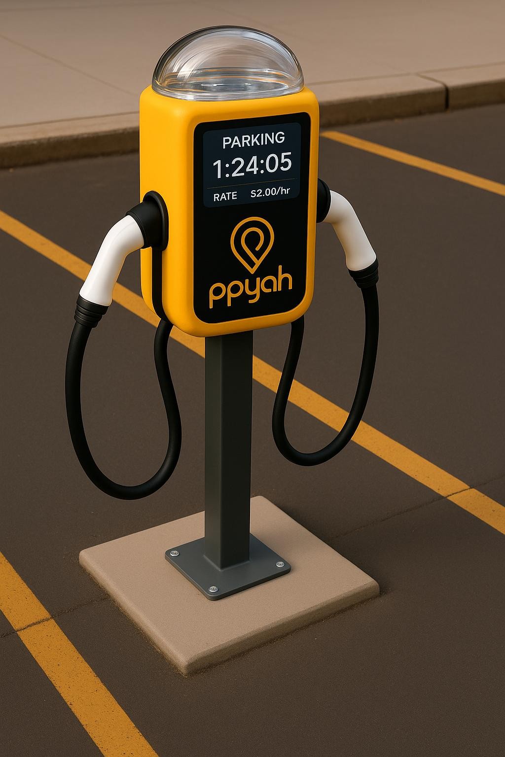 Ppyah Smart Parking Meter with EV charging cables installed in parking space, showing digital display and weather-resistant design
